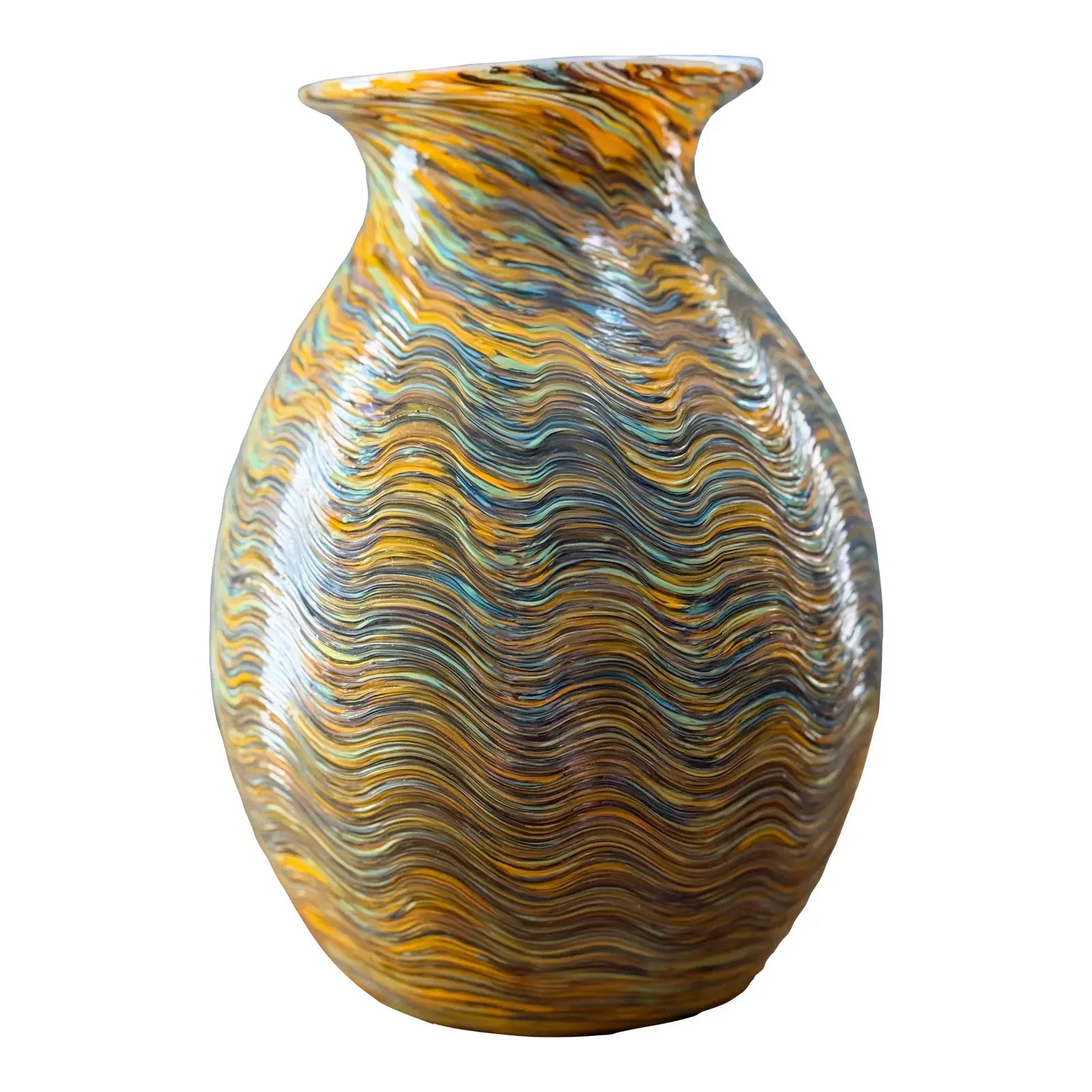 Large Hand-Blown Iridescent Studio Art Glass Vase - Pulled Feather Design