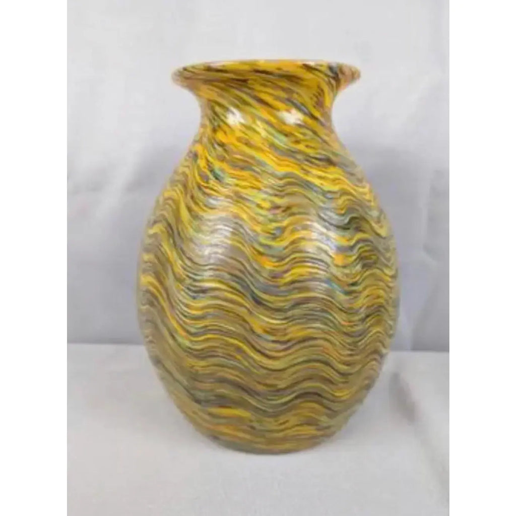 Large Hand-Blown Iridescent Studio Art Glass Vase - Pulled Feather Design