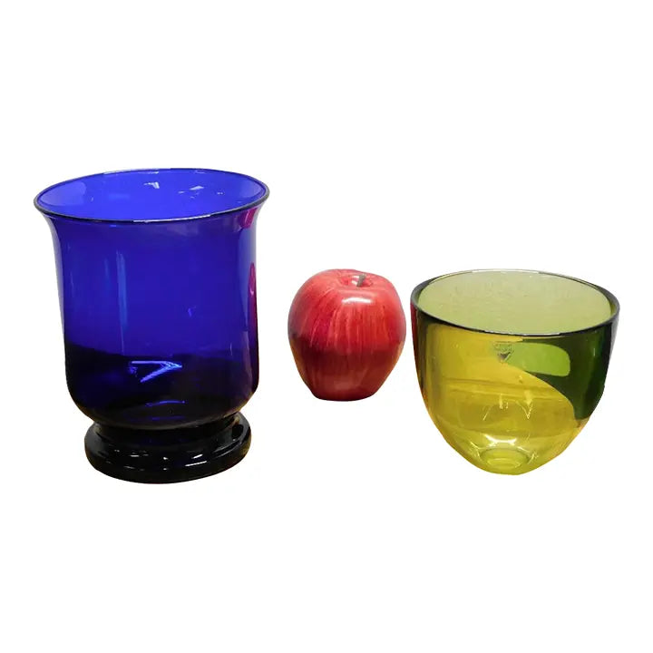 2pc Art Glass Collection: Signed Orrefors Green Bowl & Cobalt Blue Hurricane