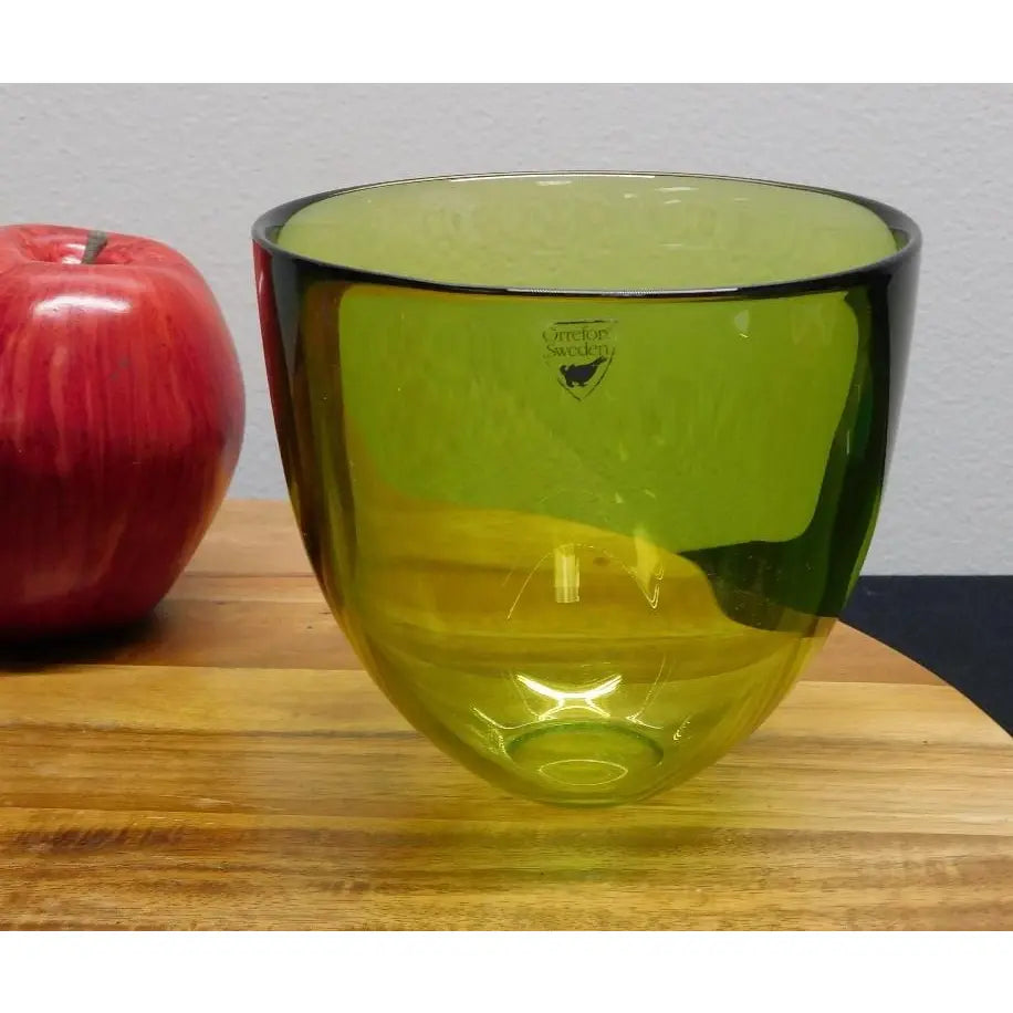 2pc Art Glass Collection: Signed Orrefors Green Bowl & Cobalt Blue Hurricane