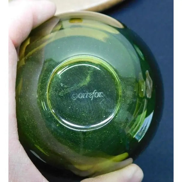 2pc Art Glass Collection: Signed Orrefors Green Bowl & Cobalt Blue Hurricane