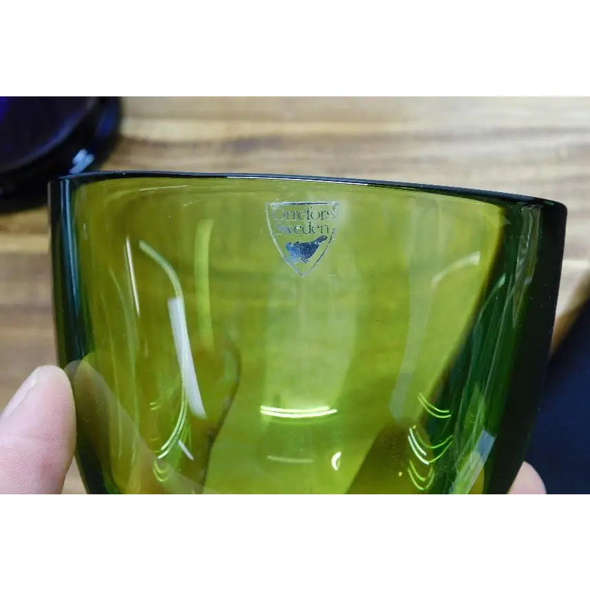 2pc Art Glass Collection: Signed Orrefors Green Bowl & Cobalt Blue Hurricane