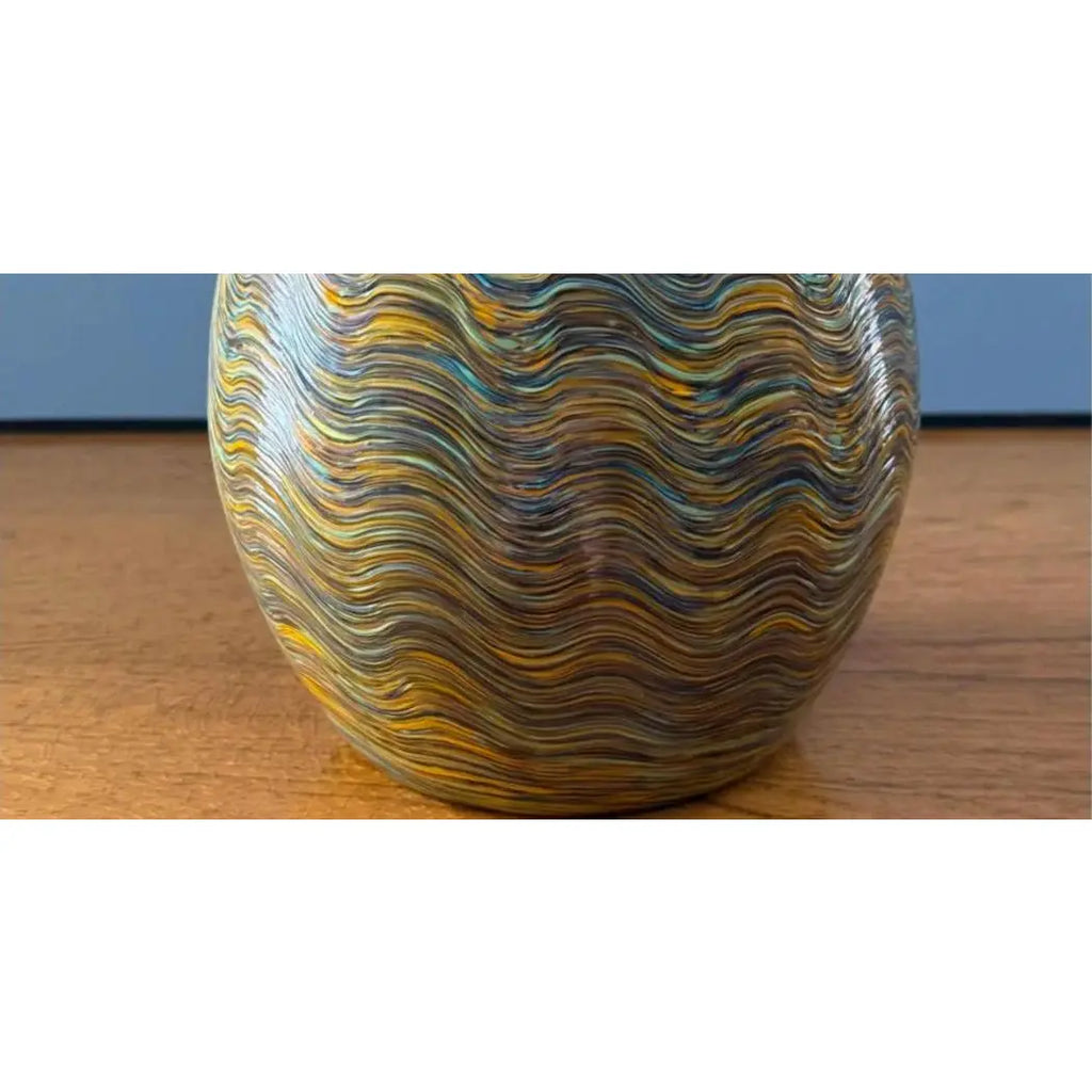 Large Hand-Blown Iridescent Studio Art Glass Vase - Pulled Feather Design
