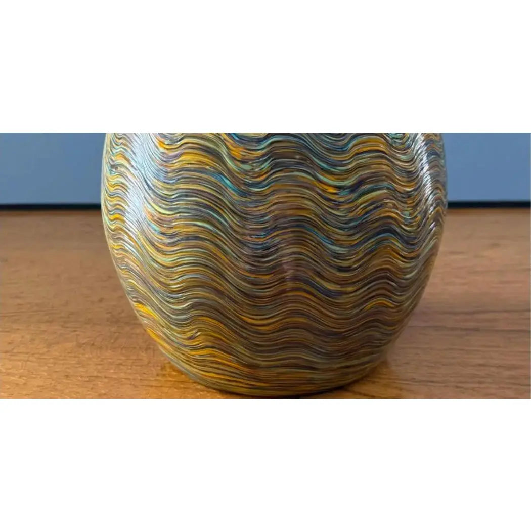 Large Hand-Blown Iridescent Studio Art Glass Vase - Pulled Feather Design