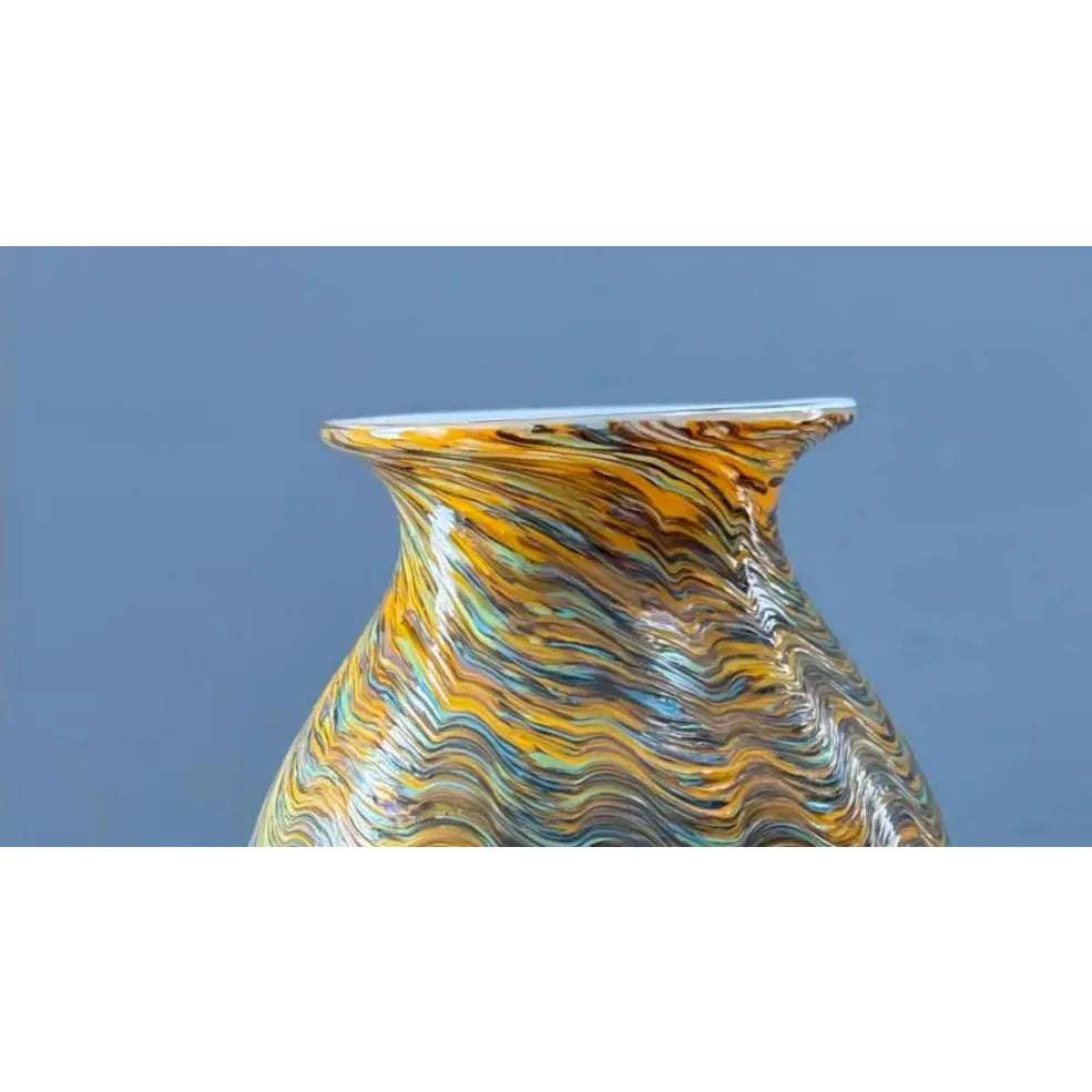 Large Hand-Blown Iridescent Studio Art Glass Vase - Pulled Feather Design