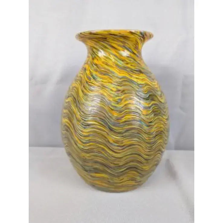 Large Hand-Blown Iridescent Studio Art Glass Vase - Pulled Feather Design