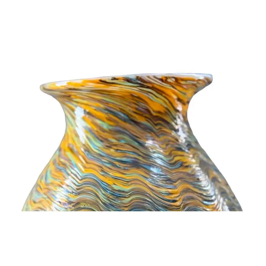 Large Hand-Blown Iridescent Studio Art Glass Vase - Pulled Feather Design
