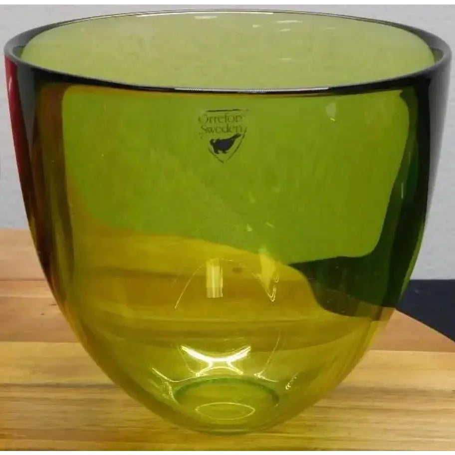 2pc Art Glass Collection: Signed Orrefors Green Bowl & Cobalt Blue Hurricane