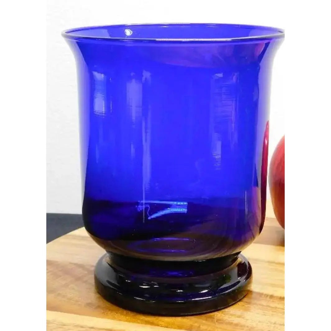 2pc Art Glass Collection: Signed Orrefors Green Bowl & Cobalt Blue Hurricane