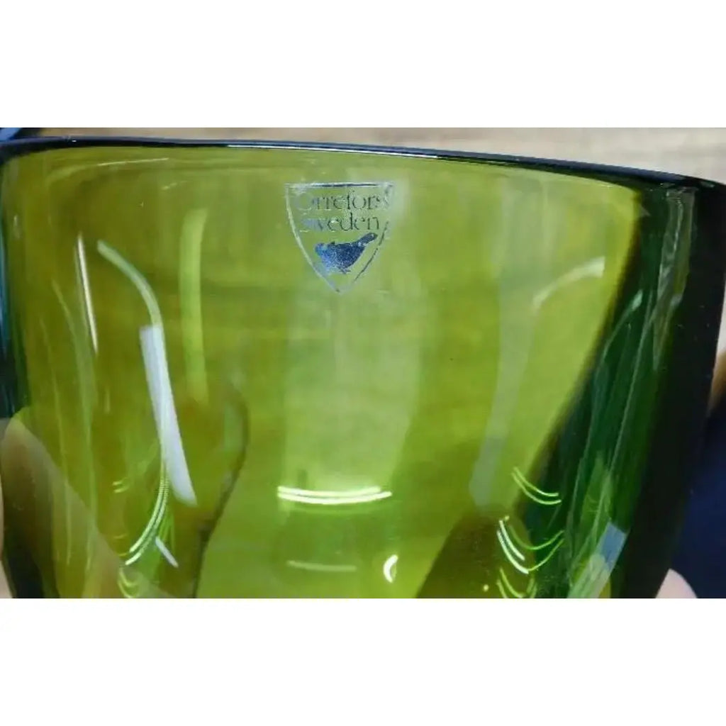 2pc Art Glass Collection: Signed Orrefors Green Bowl & Cobalt Blue Hurricane