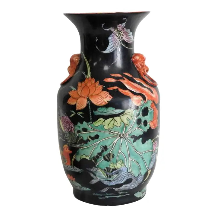 Vintage Mid-Century Chinese Famille Noire Baluster Vase Hand Painted Lotus and Koi Fish 14 Inch