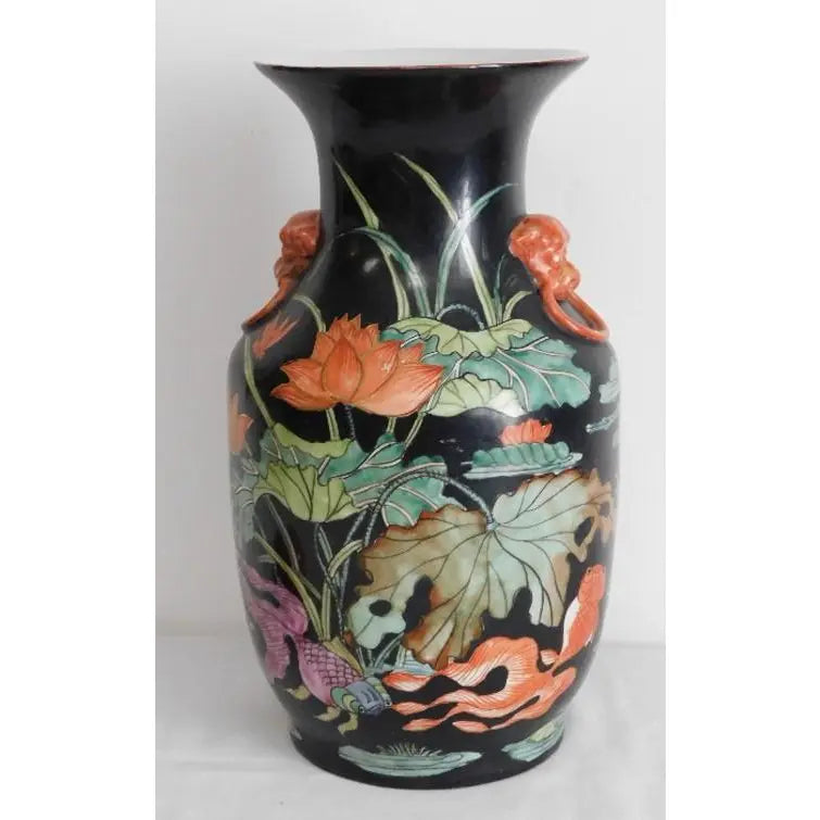 Vintage Mid-Century Chinese Famille Noire Baluster Vase Hand Painted Lotus and Koi Fish 14 Inch