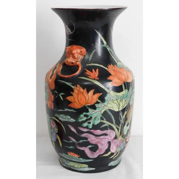 Vintage Mid-Century Chinese Famille Noire Baluster Vase Hand Painted Lotus and Koi Fish 14 Inch