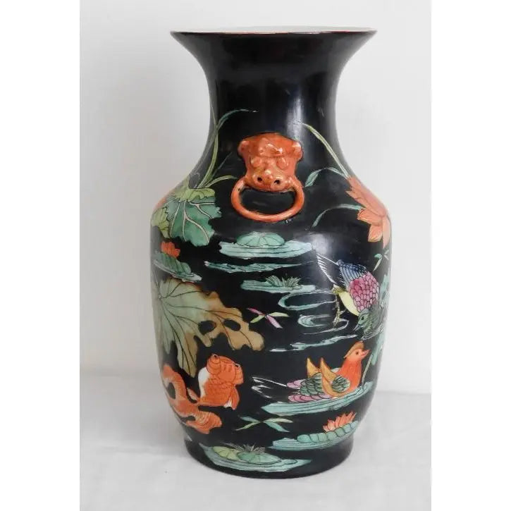 Vintage Mid-Century Chinese Famille Noire Baluster Vase Hand Painted Lotus and Koi Fish 14 Inch