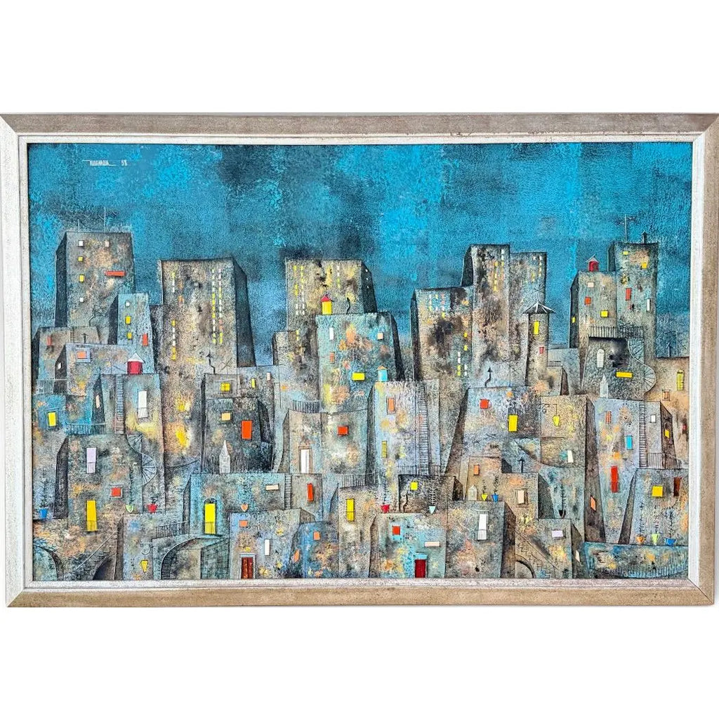 Original Leonardo Nierman Painting Arrabal Monumental 1958 Mid Century Modern Cityscape Oil On Leatherwood Masonite - 78” x 54”