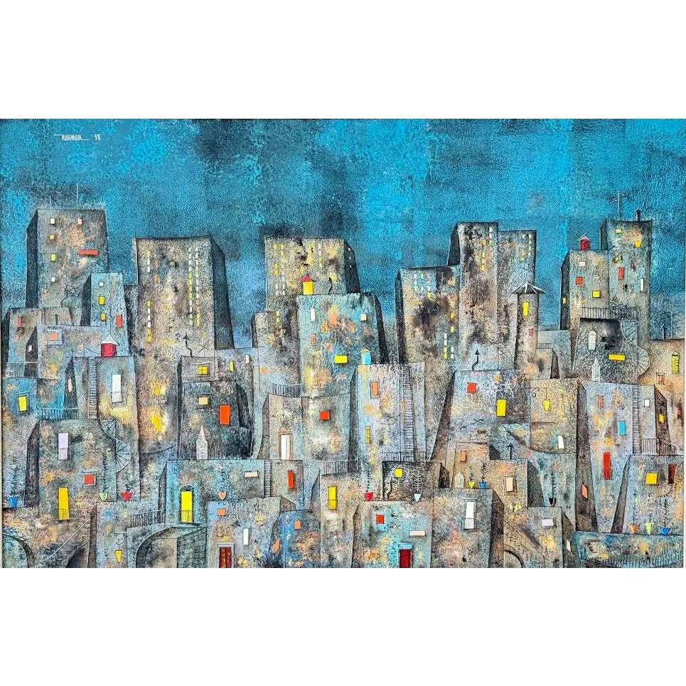 Original Leonardo Nierman Painting Arrabal Monumental 1958 Mid Century Modern Cityscape Oil On Leatherwood Masonite - 78” x 54”
