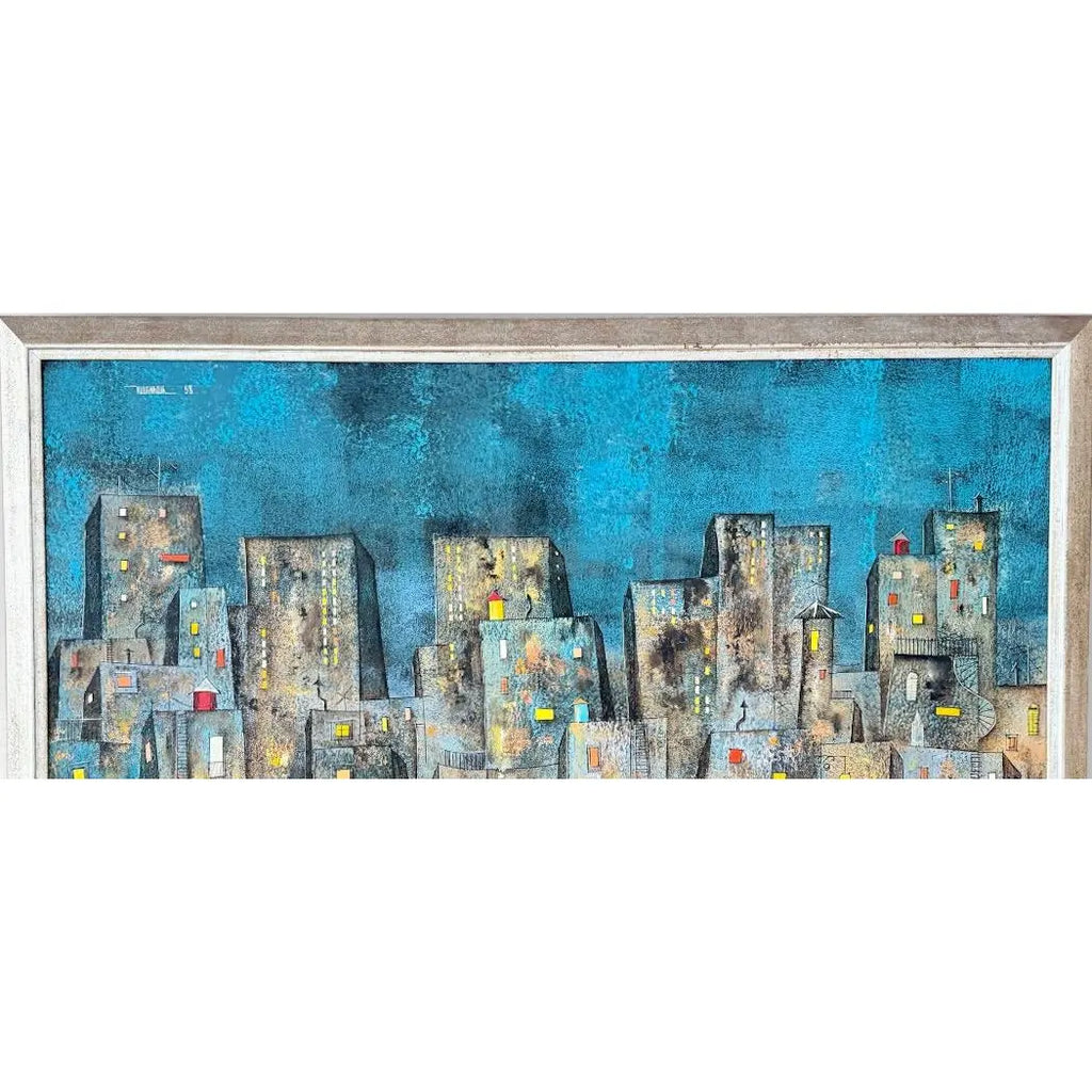Original Leonardo Nierman Painting Arrabal Monumental 1958 Mid Century Modern Cityscape Oil On Leatherwood Masonite - 78” x 54”