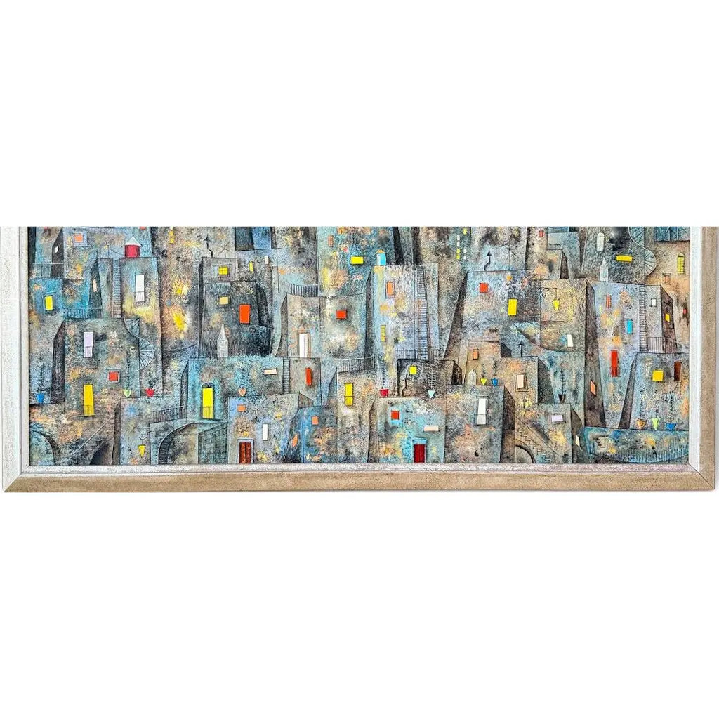 Original Leonardo Nierman Painting Arrabal Monumental 1958 Mid Century Modern Cityscape Oil On Leatherwood Masonite - 78” x 54”