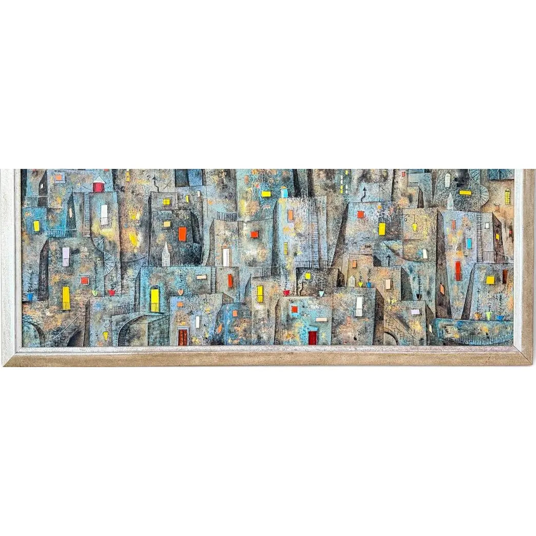 Original Leonardo Nierman Painting Arrabal Monumental 1958 Mid Century Modern Cityscape Oil On Leatherwood Masonite - 78” x 54”