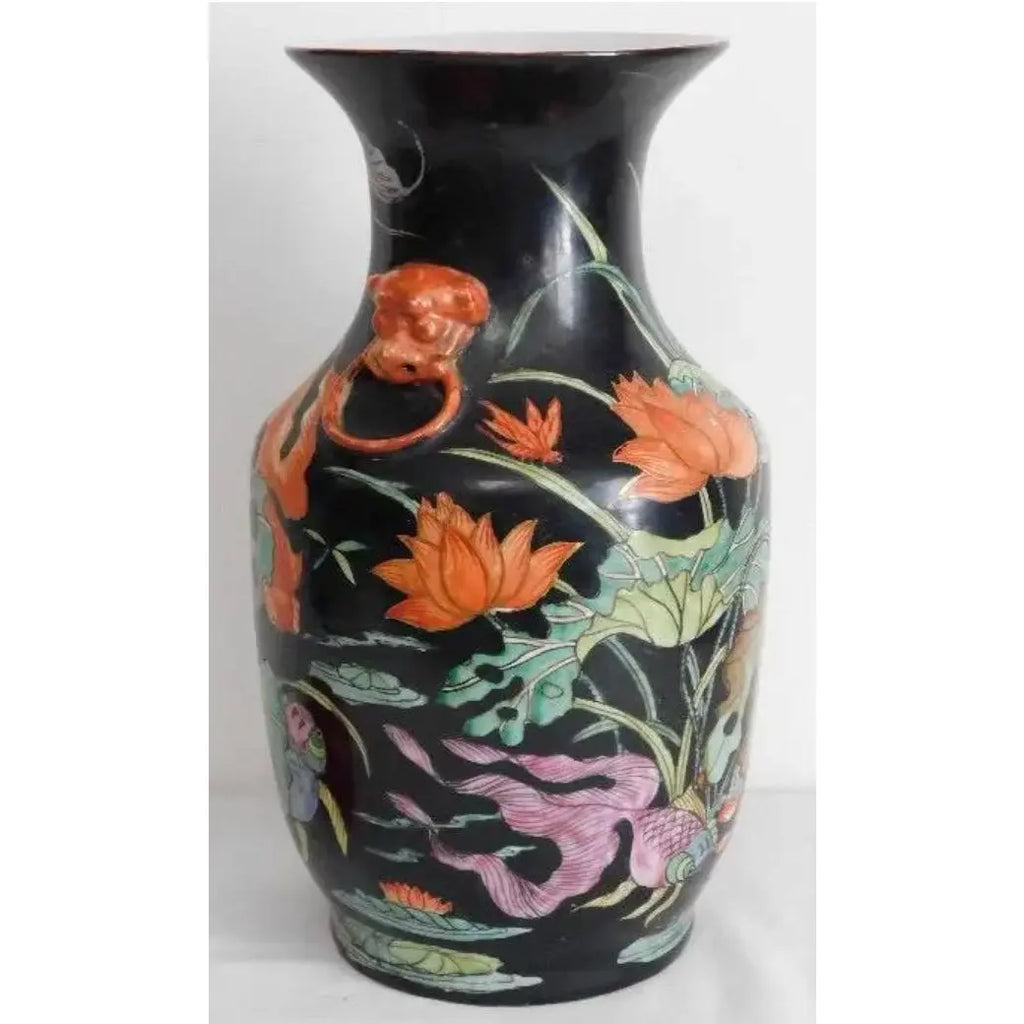 Vintage Mid-Century Chinese Famille Noire Baluster Vase Hand Painted Lotus and Koi Fish 14 Inch