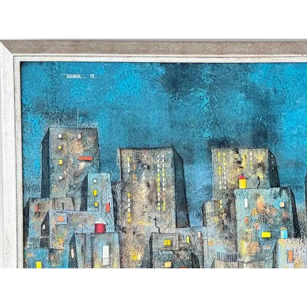 Original Leonardo Nierman Painting Arrabal Monumental 1958 Mid Century Modern Cityscape Oil On Leatherwood Masonite - 78” x 54”