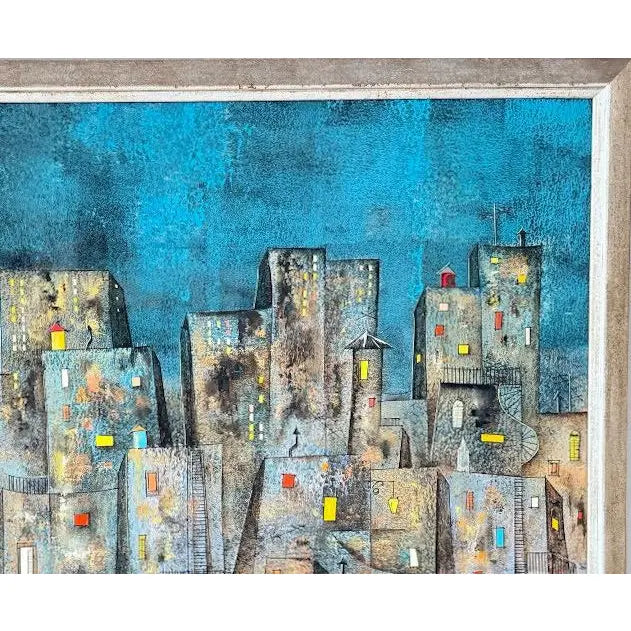 Original Leonardo Nierman Painting Arrabal Monumental 1958 Mid Century Modern Cityscape Oil On Leatherwood Masonite - 78” x 54”