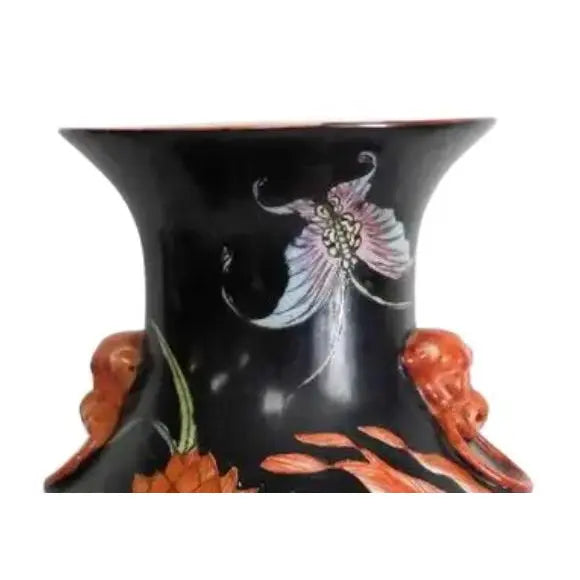 Vintage Mid-Century Chinese Famille Noire Baluster Vase Hand Painted Lotus and Koi Fish 14 Inch