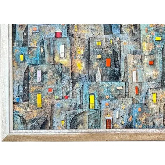 Original Leonardo Nierman Painting Arrabal Monumental 1958 Mid Century Modern Cityscape Oil On Leatherwood Masonite - 78” x 54”