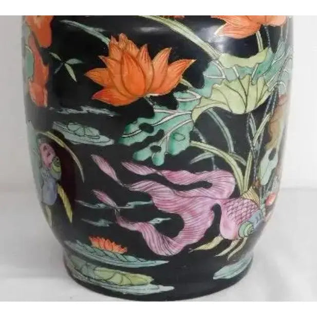 Vintage Mid-Century Chinese Famille Noire Baluster Vase Hand Painted Lotus and Koi Fish 14 Inch