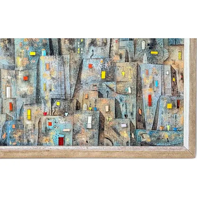 Original Leonardo Nierman Painting Arrabal Monumental 1958 Mid Century Modern Cityscape Oil On Leatherwood Masonite - 78” x 54”