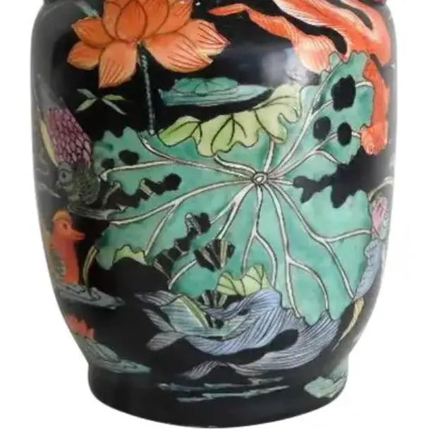 Vintage Mid-Century Chinese Famille Noire Baluster Vase Hand Painted Lotus and Koi Fish 14 Inch