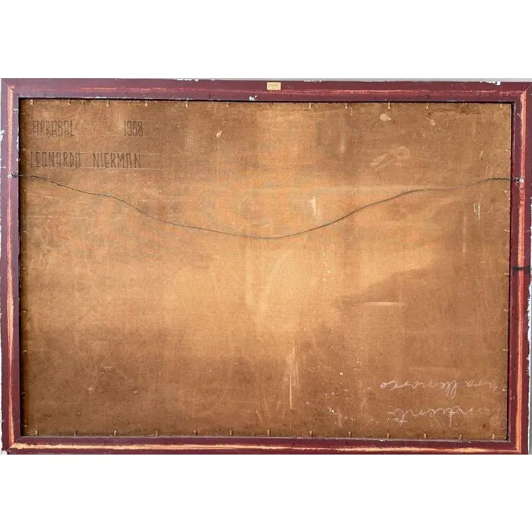 Original Leonardo Nierman Painting Arrabal Monumental 1958 Mid Century Modern Cityscape Oil On Leatherwood Masonite - 78” x 54”