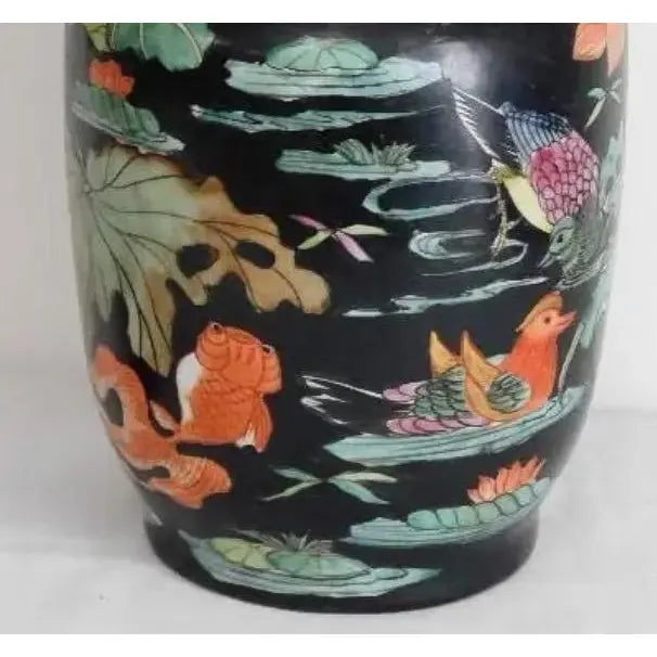 Vintage Mid-Century Chinese Famille Noire Baluster Vase Hand Painted Lotus and Koi Fish 14 Inch