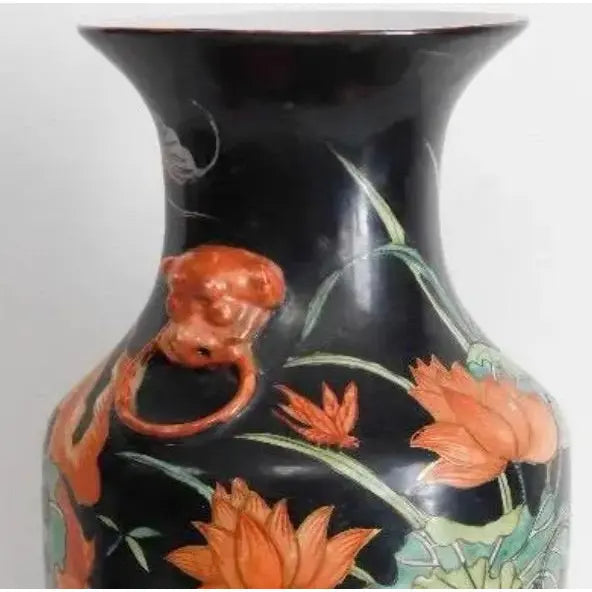 Vintage Mid-Century Chinese Famille Noire Baluster Vase Hand Painted Lotus and Koi Fish 14 Inch