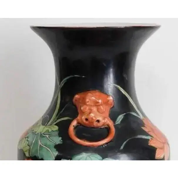 Vintage Mid-Century Chinese Famille Noire Baluster Vase Hand Painted Lotus and Koi Fish 14 Inch