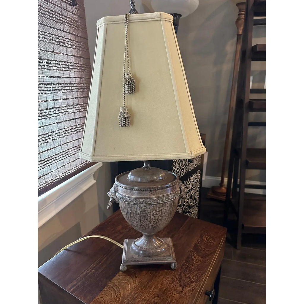 Vintage John Richard Neoclassical Lion Head Urn Lamp with Tassel Shade