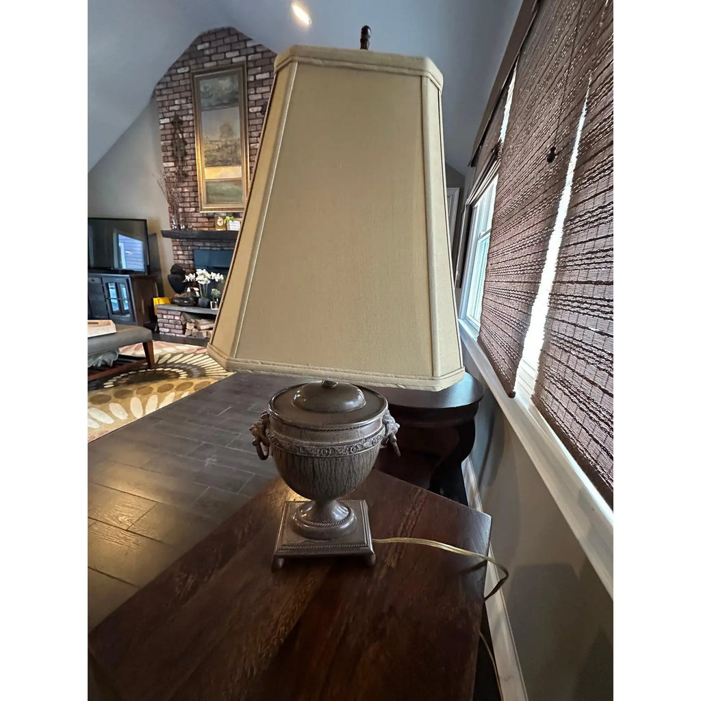 Vintage John Richard Neoclassical Lion Head Urn Lamp with Tassel Shade