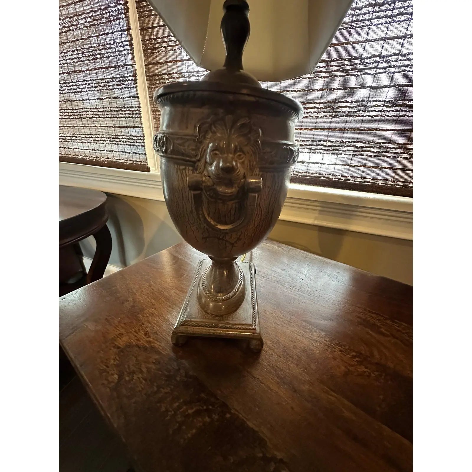 Vintage John Richard Neoclassical Lion Head Urn Lamp with Tassel Shade