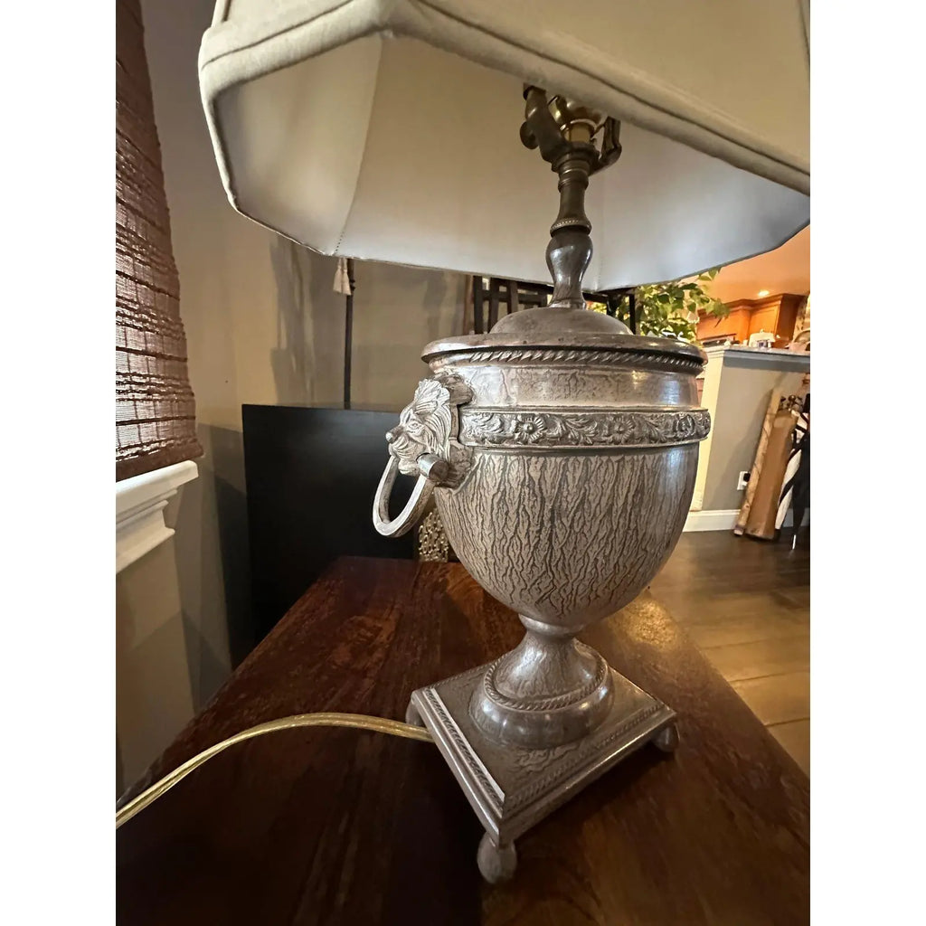Vintage John Richard Neoclassical Lion Head Urn Lamp with Tassel Shade