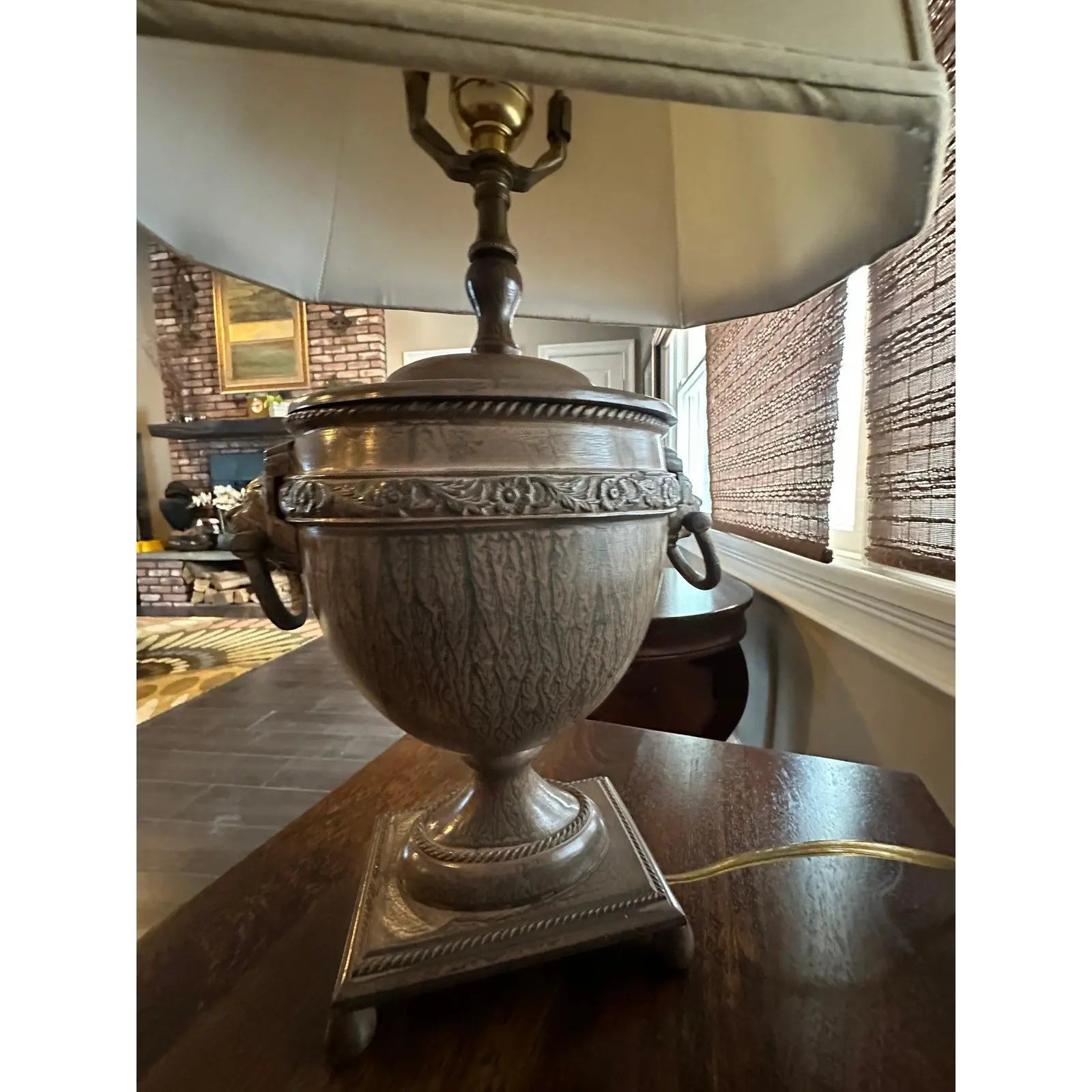Vintage John Richard Neoclassical Lion Head Urn Lamp with Tassel Shade