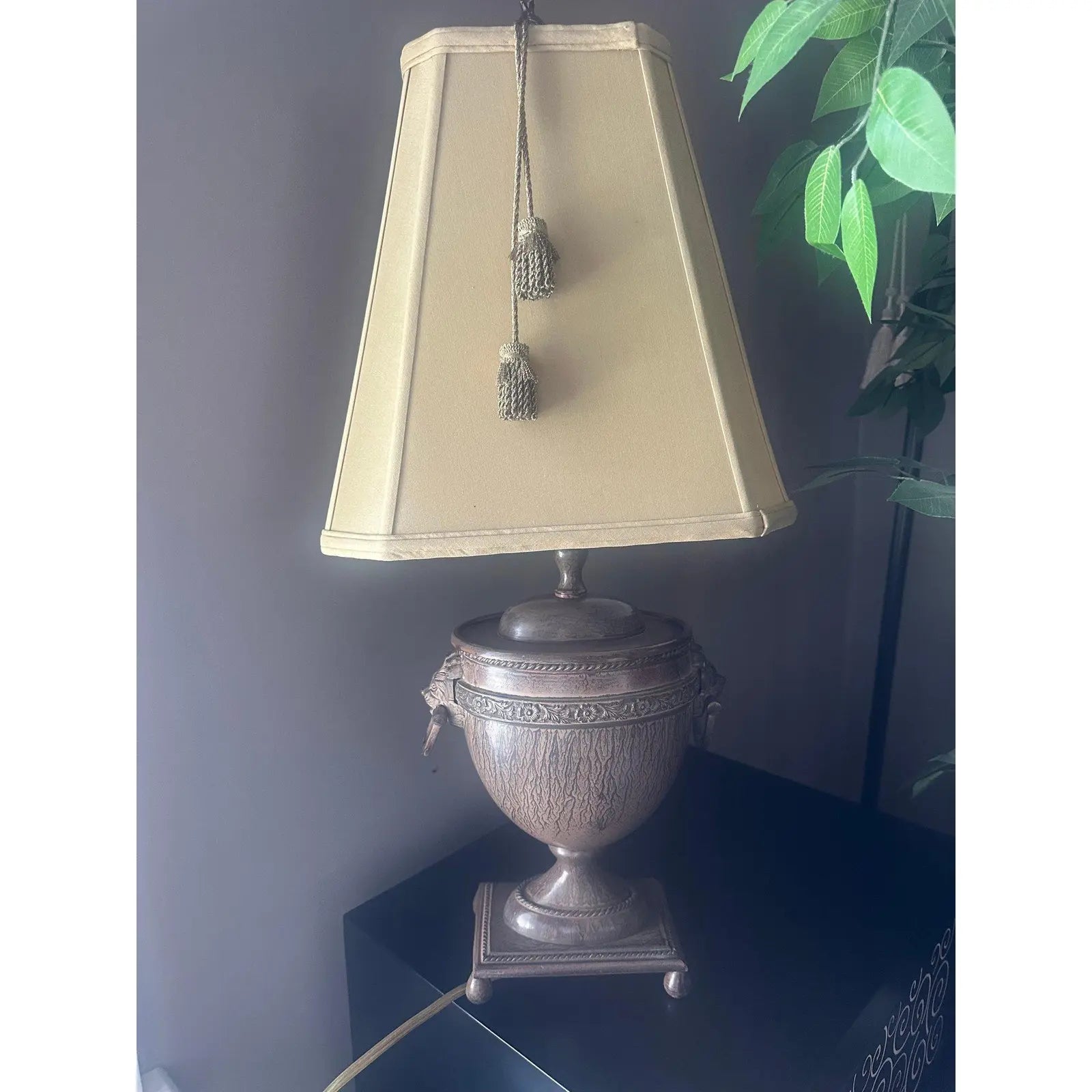 Vintage John Richard Neoclassical Lion Head Urn Lamp with Tassel Shade