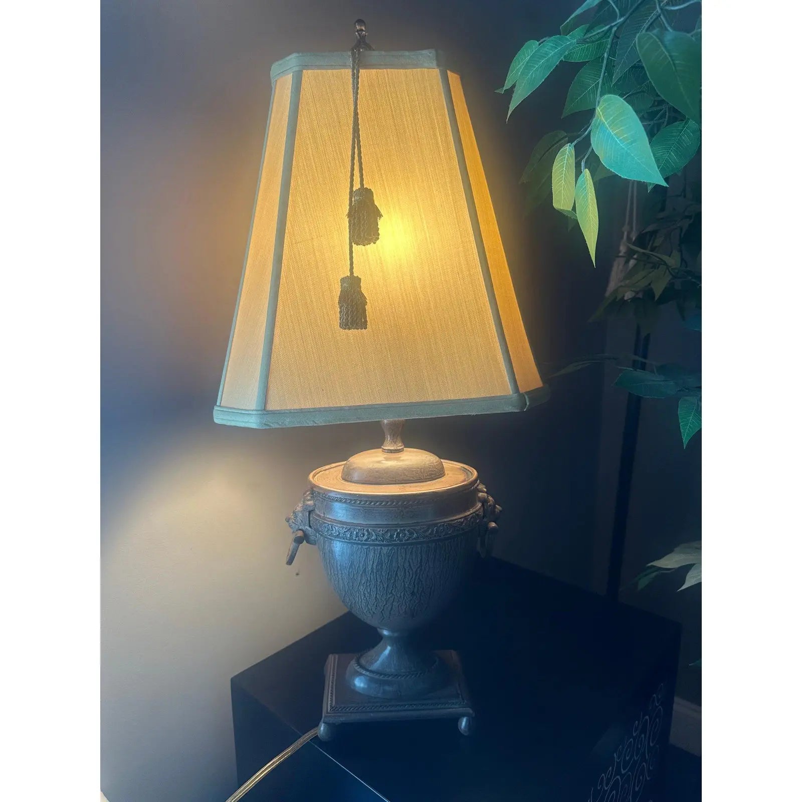Vintage John Richard Neoclassical Lion Head Urn Lamp with Tassel Shade