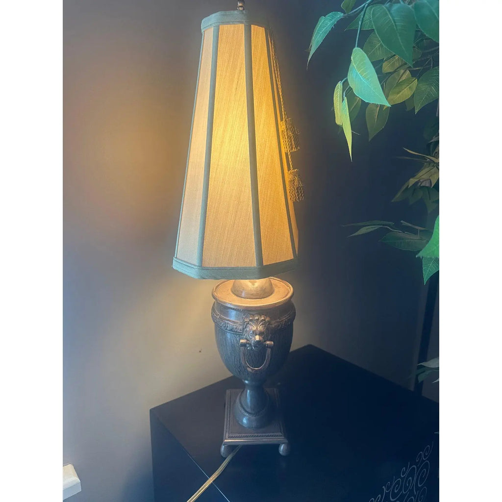 Vintage John Richard Neoclassical Lion Head Urn Lamp with Tassel Shade