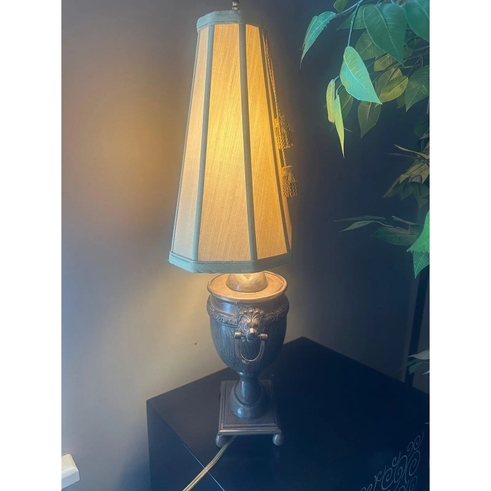 Vintage John Richard Neoclassical Lion Head Urn Lamp with Tassel Shade