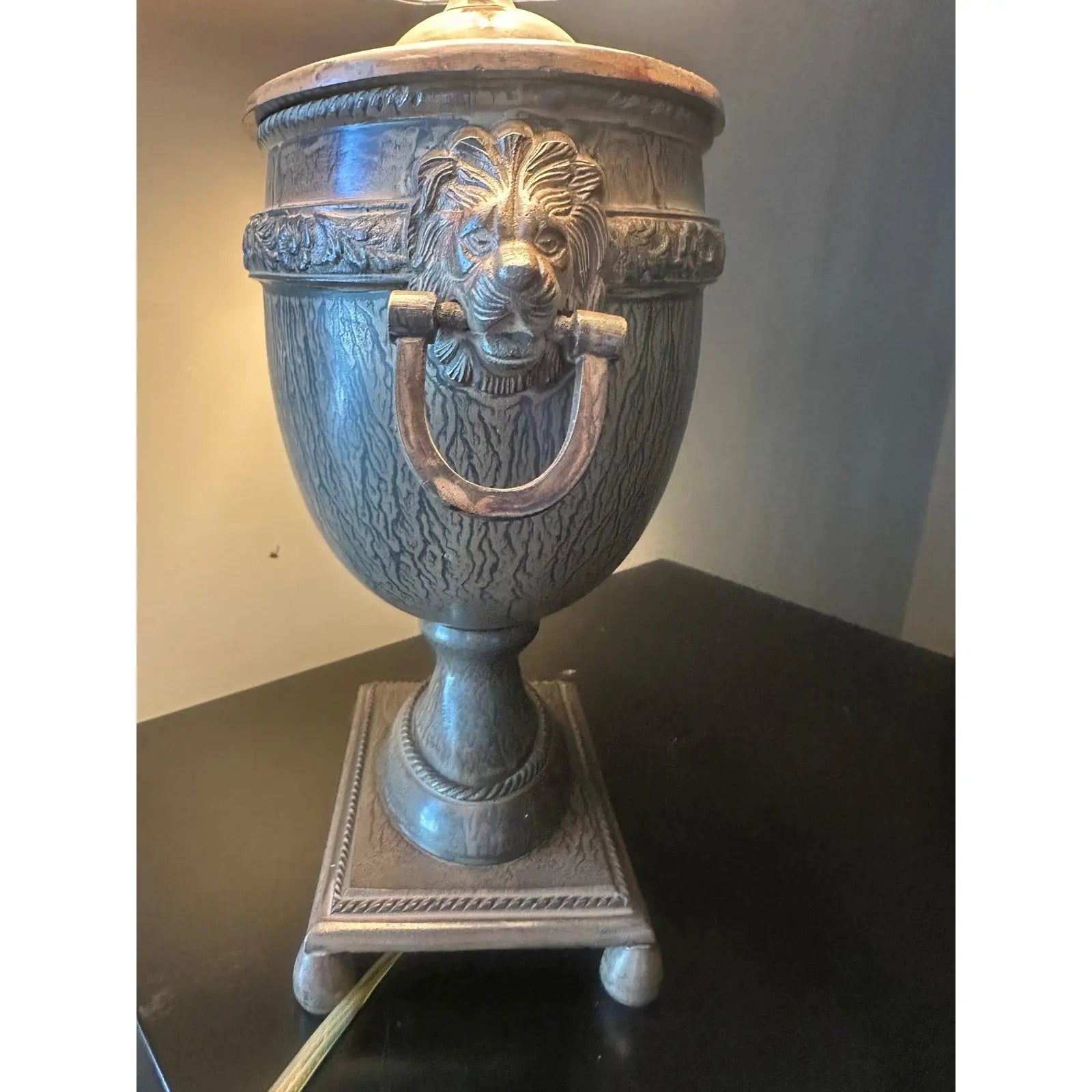 Vintage John Richard Neoclassical Lion Head Urn Lamp with Tassel Shade
