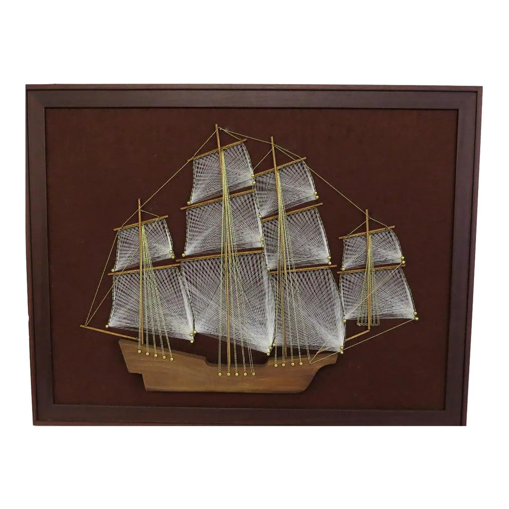 Large 1970s Mid-Century Modern Nautical String Art Galleon in Professional Gallery Frame