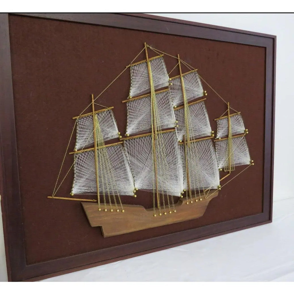 Large 1970s Mid-Century Modern Nautical String Art Galleon in Professional Gallery Frame