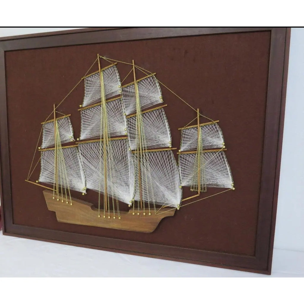 Large 1970s Mid-Century Modern Nautical String Art Galleon in Professional Gallery Frame