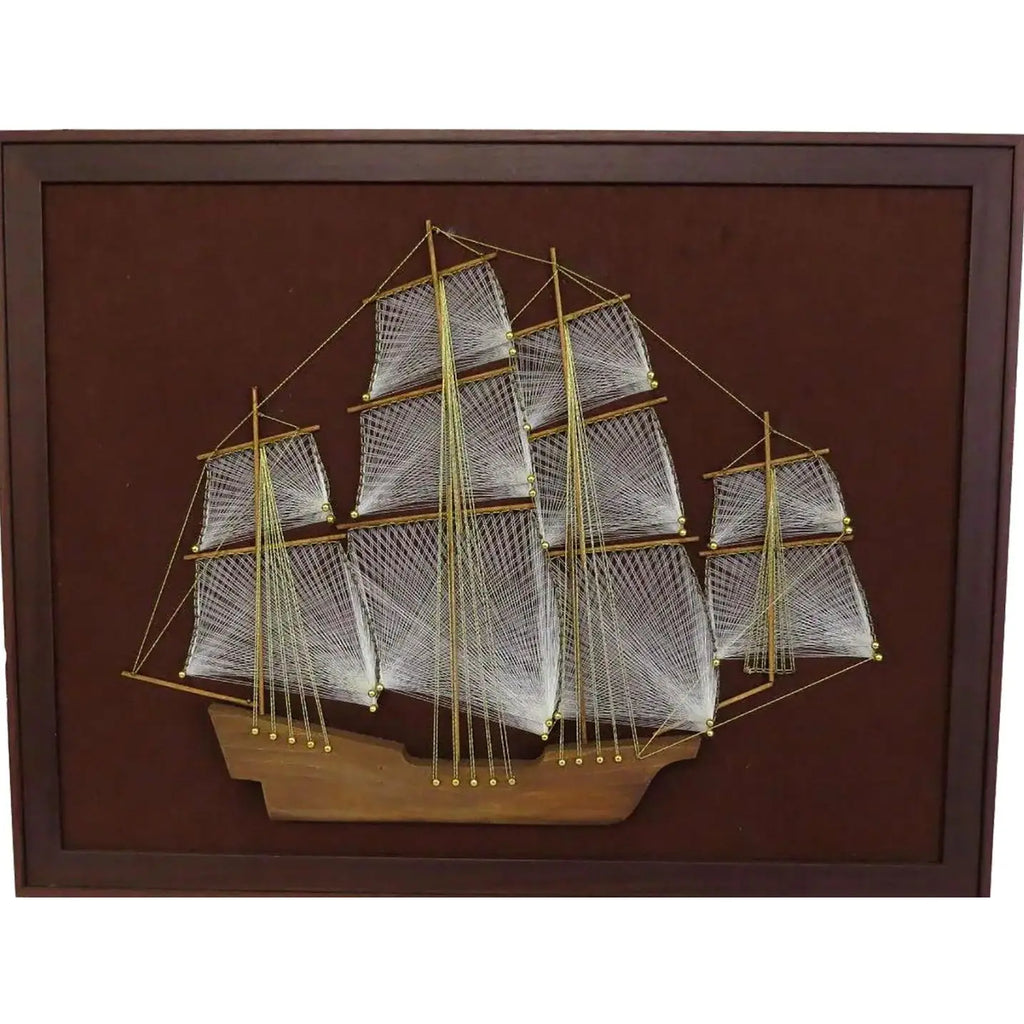 Large 1970s Mid-Century Modern Nautical String Art Galleon in Professional Gallery Frame