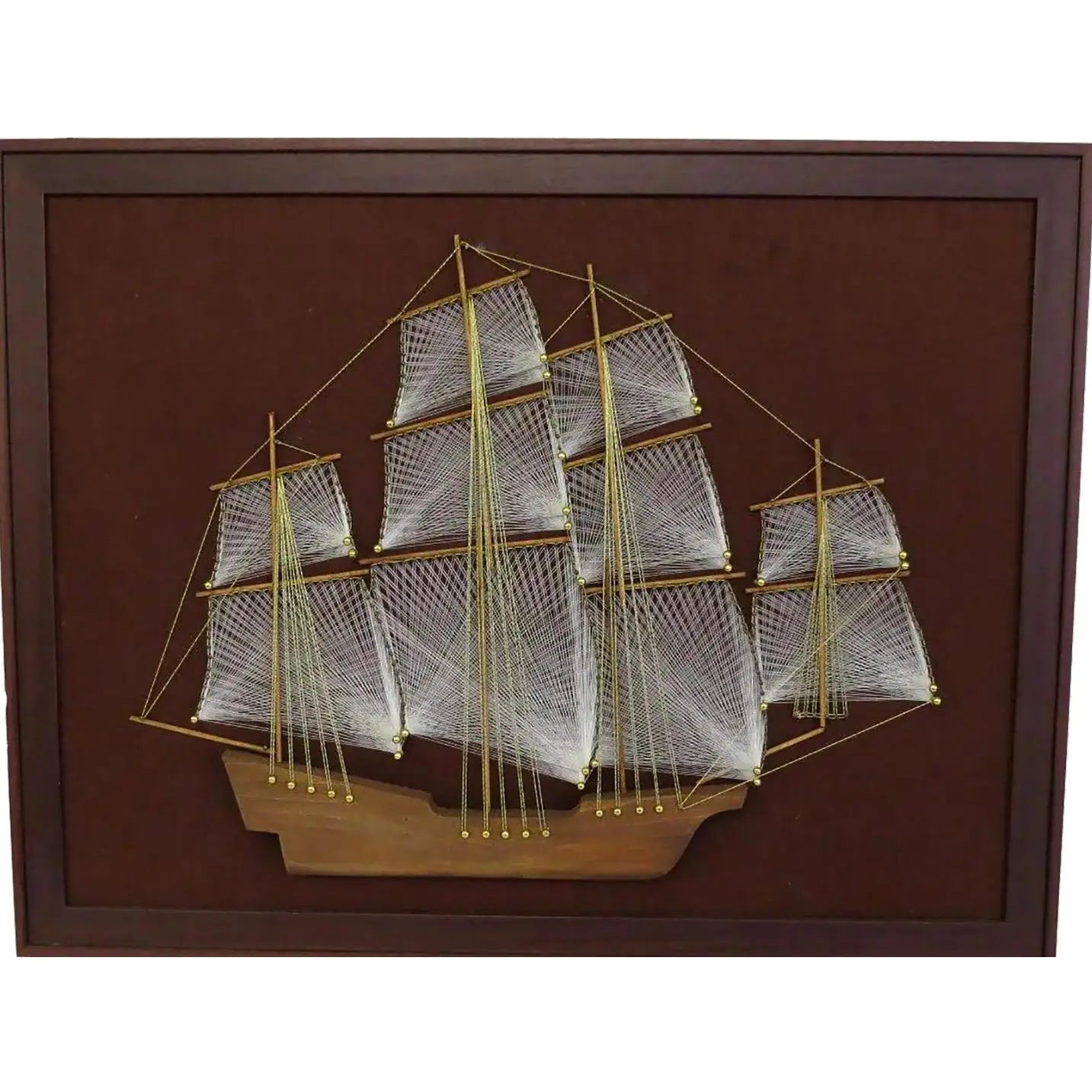 Large 1970s Mid-Century Modern Nautical String Art Galleon in Professional Gallery Frame